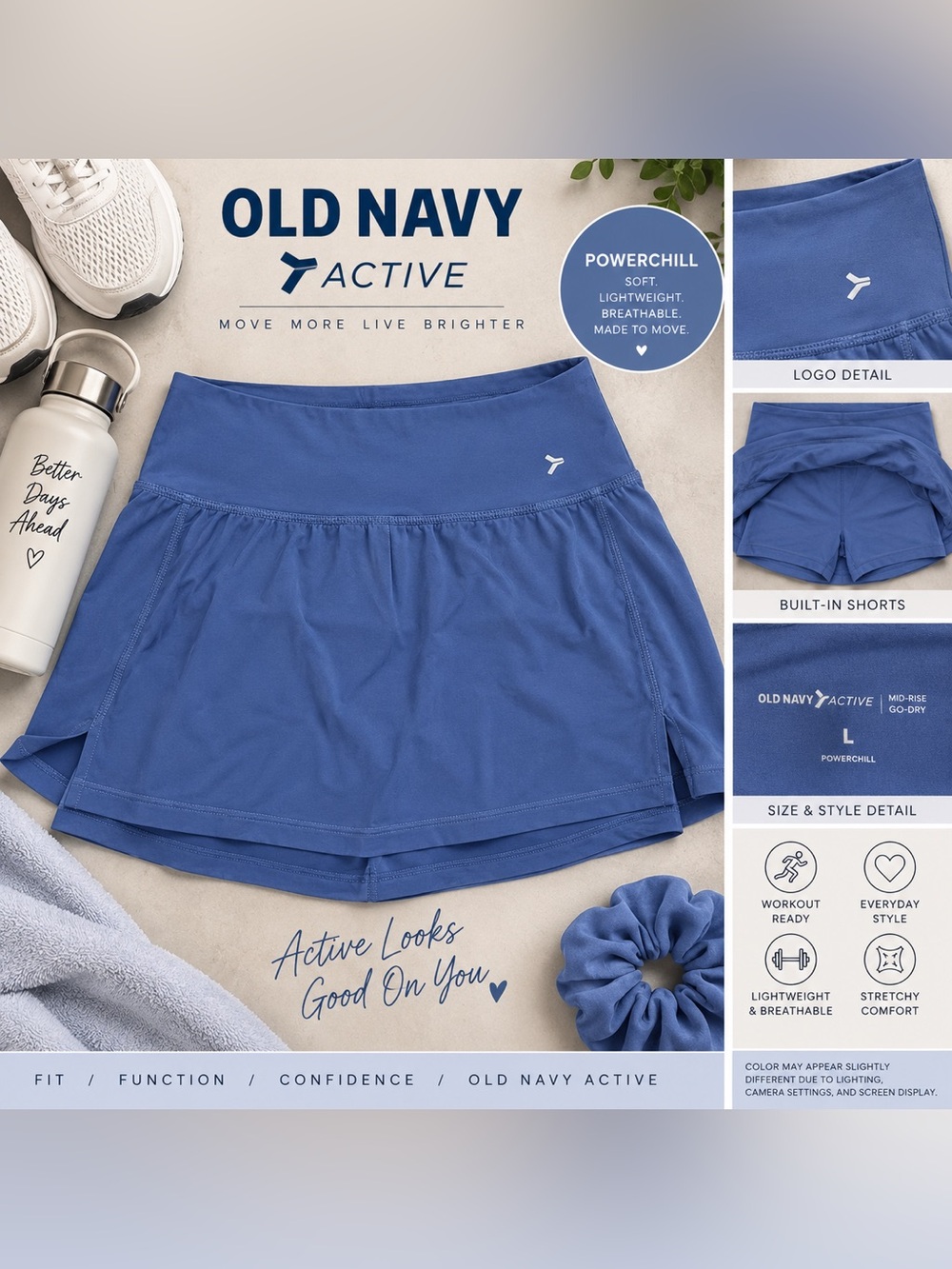 Old Navy Active PowerChill Blue Mid-Rise Skort Size L